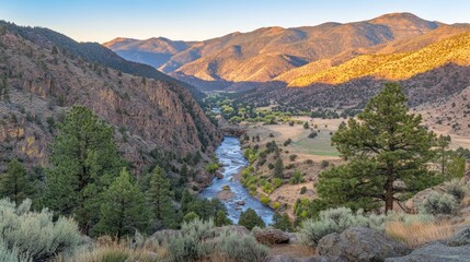 Mountain River Valley Scenic Landscape at Sunset