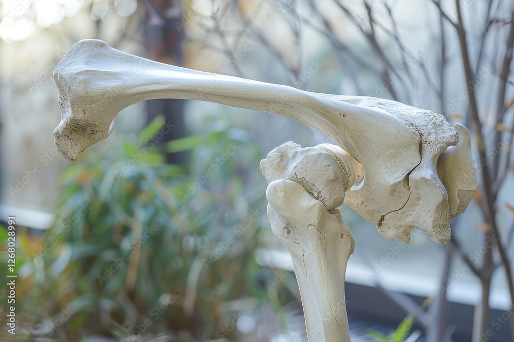 Aufkleber detailed close-up of a human femur bone displayed in a natural lighting environment with greenery in