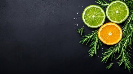 Citrus slices and rosemary sprigs arranged on a dark background. A vibrant and refreshing image.
