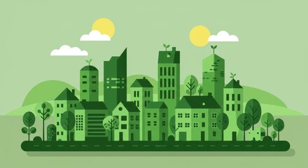 A modern flat illustration of an eco-friendly city seamlessly blending urban and natural elements
