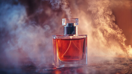 Elegant glass perfume bottle surrounded by an enchanting smoky atmosphere
