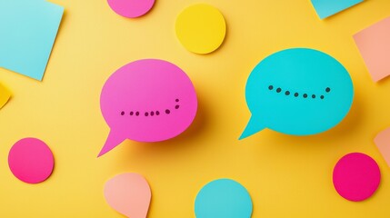 This image features creative speech bubble designs in fun colors against a vibrant yellow base, symbolizing effective communication and positive interactions in a playful manner.