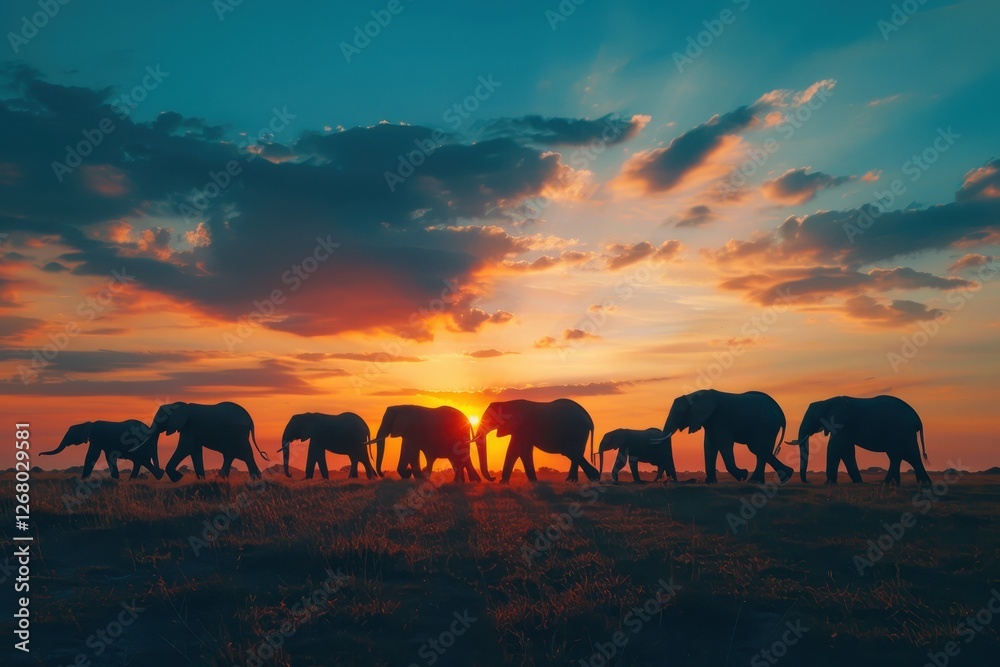 Aufkleber herd of elephants walking against a stunning sunset in the savanna, creating a tranquil atmosphere a