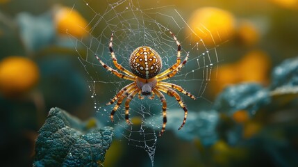 Obraz premium Spider on web in garden, morning light