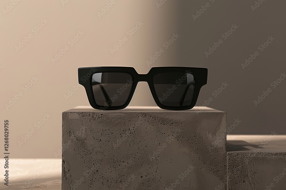 Poster modern black sunglasses displayed on a textured concrete pedestal with soft lighting in a contempora