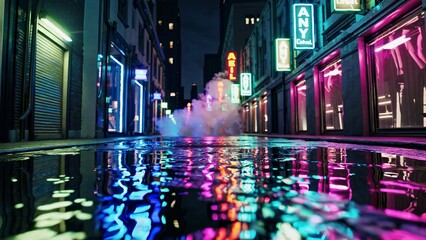 Fototapeta premium Abandoned cyberpunk street glowing with neon signs, casting colorful reflections across glistening wet pavement during nighttime urban scene. Concept of night city in neon color