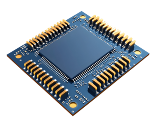 Close-up of a computer processor chip with gold pins.