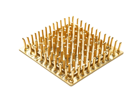 Close-up of a computer processor chip with gold pins.