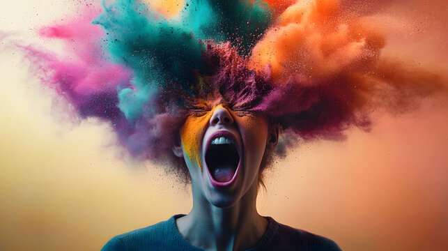 Young woman with an exploding head made of colorful powder is screaming with an open mouth, depicting information overload, burnout, stress, and mental health issues