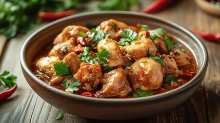 A steaming bowl of rich, savory chicken adobo sits on a rustic wooden table, garnished with fresh parsley and vibrant chili peppers.