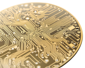 Close-up of a gold microchip with intricate circuit design.