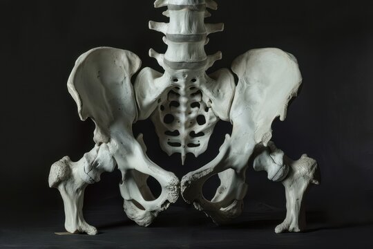 Lifelike anatomical model of human pelvis showcasing bone structure and detail in an educational setting