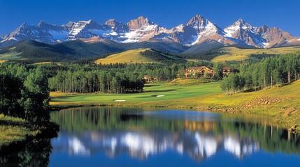 Mountain golf course lake reflection scenic vista