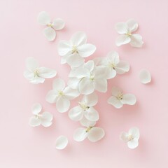 Fototapeta premium Elegant Floral Composition with Delicate White Blossoms and Scattered Petals on a Soft Pastel Pink Backdrop for Serene Nature Art
