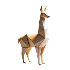 A beautifully crafted origami paper lama stands isolated against a blank background highlighting the intricate folds and artistic design of the creation