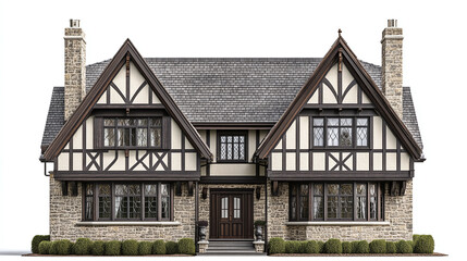 Elegant tudor style house with timber framing and stone accents on white background, ideal for real estate and architectural photography.