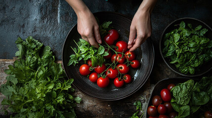 Fresh harvest at the farmers market with hands selecting tomatoes and greens, perfect for agricultural and culinary photography.