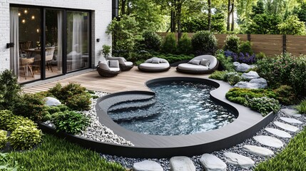 Modern backyard pool design, serene garden, house view