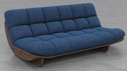 Modern blue sofa, walnut base, studio shot, furniture design