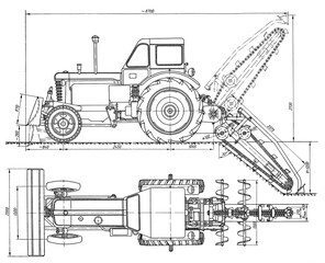 Bulldozer. Tracked (crawler) earthmoving machine. 
Technical drawing of tractor.
Engineering mechanical pencil design of excavator. Industrial 
cad scheme on white paper sheet. 
Technology background.