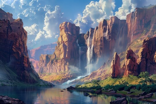 Stunning natural landscape featuring towering rock formations and cascading waterfalls in a serene setting during daylight hours