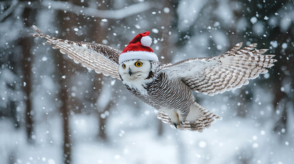Majestic snowy owl wearing a santa hat flying through a snowy forest for christmas.