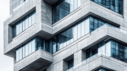 Modern concrete skyscraper exterior, city backdrop