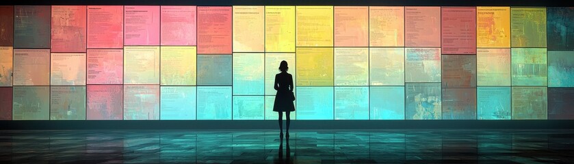 Professional individual reviewing a color-coded task chart in a modern workspace environment