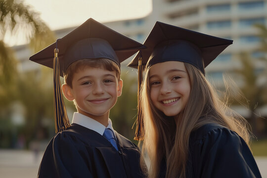 Two young smiling graduates wearing caps and gowns outdoors during sunset