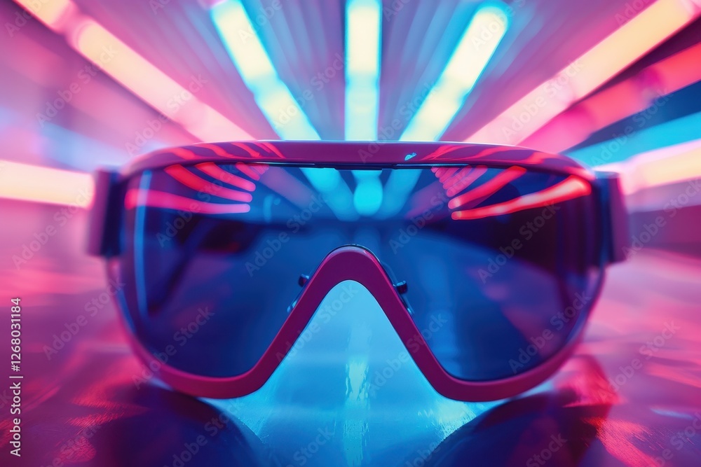 Poster colorful futuristic eyewear displayed against vibrant neon lights in a modern urban setting at night