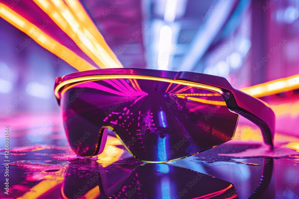 Poster colorful futuristic eyewear displayed against vibrant neon lights in a modern urban setting at night