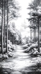 Fototapeta premium Forest landscape pencil drawing high resolution hd image