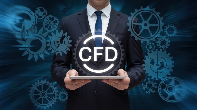 Businessman presenting cfd with digital tablet and gears background