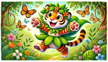 Fototapeta premium Adorable tiger cub dressed in leaves joyfully playing with butterflies in a vibrant jungle, perfect for children's book illustration 