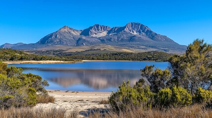 Mountain lake reflection, sunny day, coastal landscape, travel