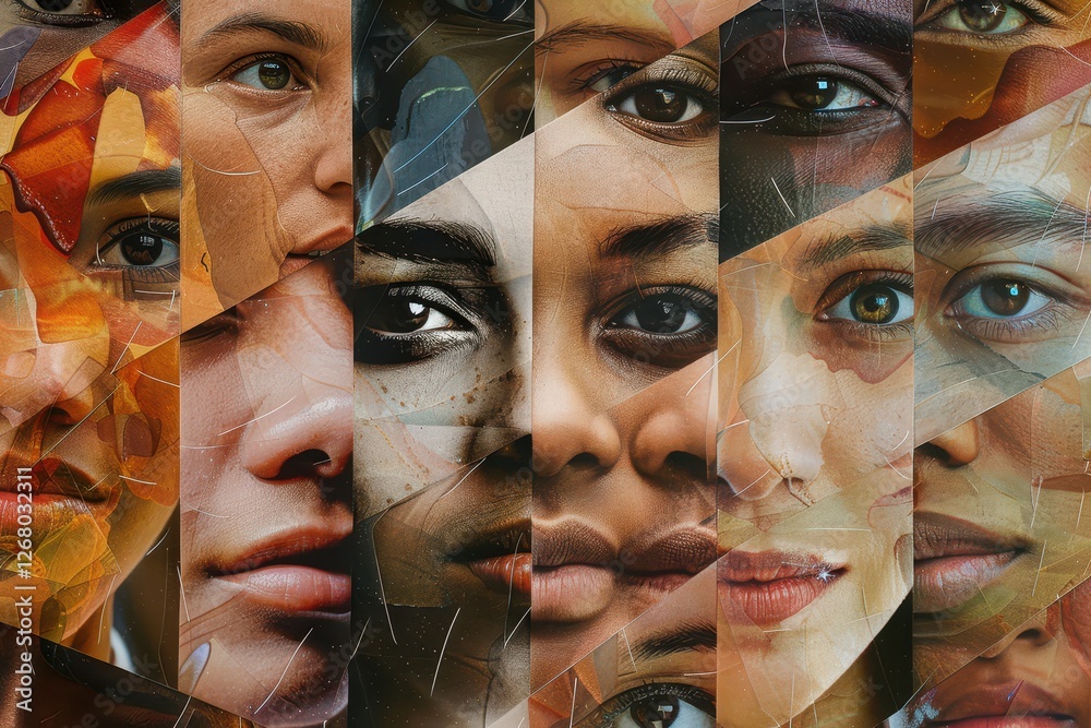 Poster diverse faces from various cultures and backgrounds displayed in a creative collage reflecting human