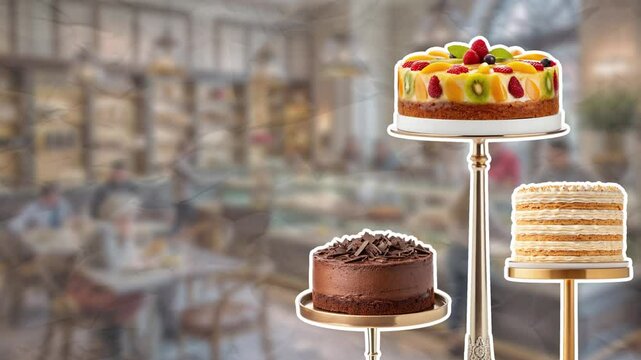 Chocolate cake, fruit cake and Napoleon cake on beautiful trays appear from below. Cafe confectionery concept. Empty space for text. Smooth animation on color paper background