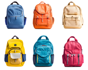 Collection of school backpacks in various colors and designs.