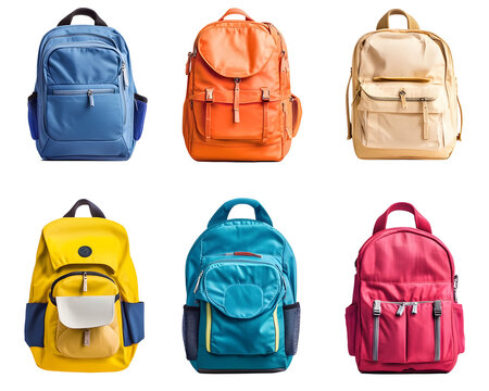 Collection of school backpacks in various colors and designs.