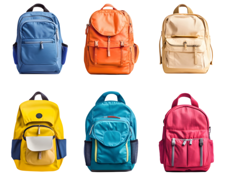 Collection of school backpacks in various colors and designs.