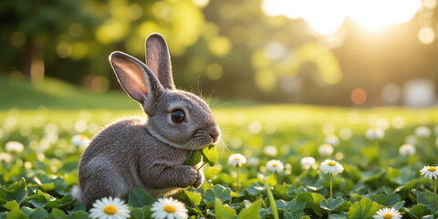A soft, fuzzy gray bunny rabbit with large, curious eyes, gently nibbling on a sprig of clover in a patch