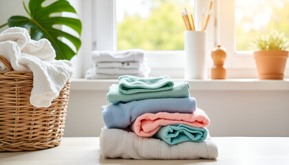 Stacked colorful towels against a bright window background, Folding Clothes, Spring Cleaning  