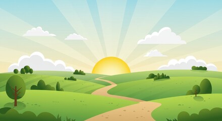 Obraz premium A flat illustration of a countryside sunrise and the sun rises over the horizon casting golden rays across the rolling green fields
