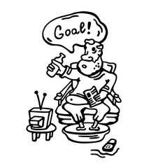 Bearded grandfather, while steaming his legs, emotionally reacts to a goal while watching the match on a chair with a bottle of beer and a newspaper