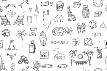 Seamless pattern of travel theme in doodle style. Suitcase, baggage, plane, fly, ticket, postcard, flight, boarding pass, view from the window, passport stamp, passport. Hand drawn