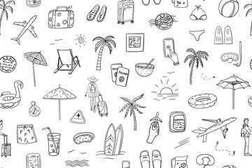 Seamless pattern of travel elements. Hand drawn. Suitcase, baggage, plane, fly, ticket, postcard, flight, boarding pass, clouds, view from the window, postage stamp, passport stamp, passport, route