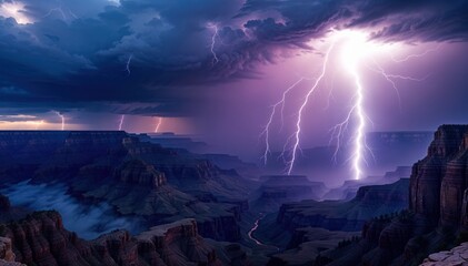 A powerful thunderstorm rolls over the Grand Canyon, with vivid lightning illuminating the rugged cliffs and deep valleys as twilight casts a mesmerizing glow across the landscape.