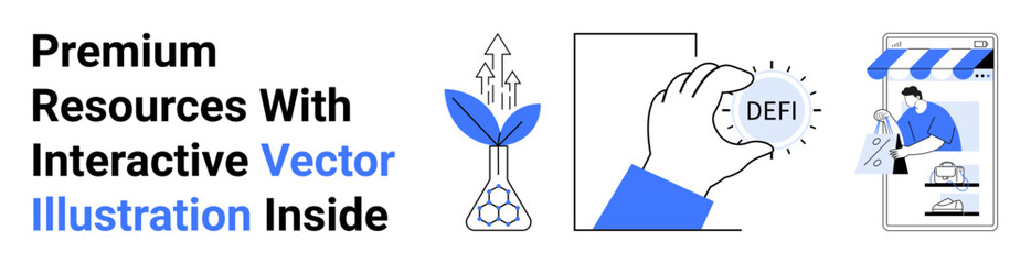 Growth plant with upward arrows, hand holding defi token, and digital store setup. Ideal for finance, environment, business, technology, e-commerce crypto startup themes. Perfect for flat landing