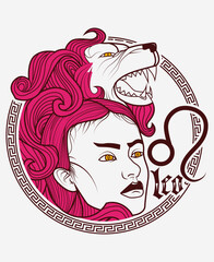 Illustration of Leo Zodiac Symbol with Lion and Human Face Design For T-Shirt Designs