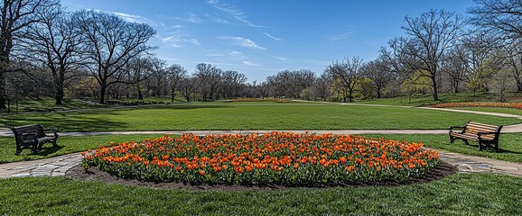 Fototapeta premium Spring park tulips, benches, lawn, trees. Peaceful scene